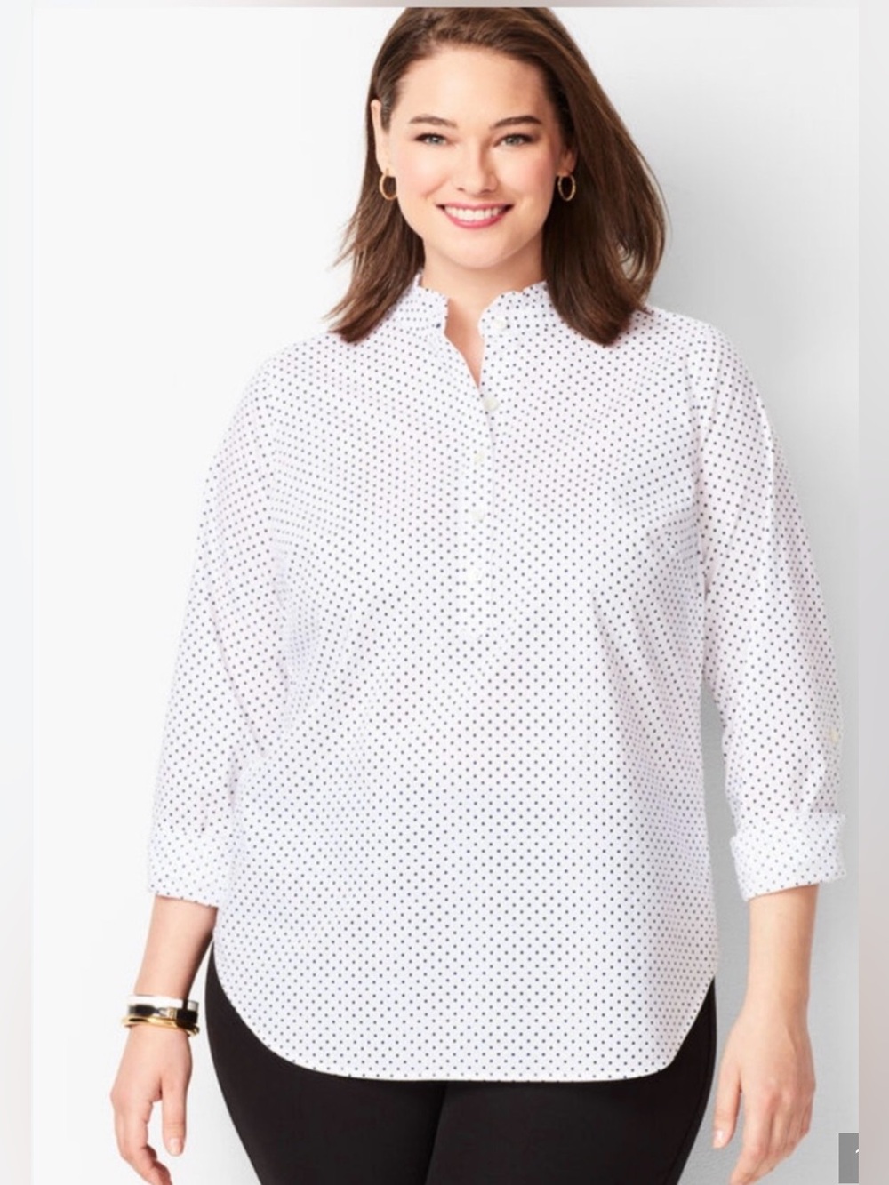 NWT- Talbots Polka Dot Ruffle Neck Cotton Popover White Navy Size M NWT